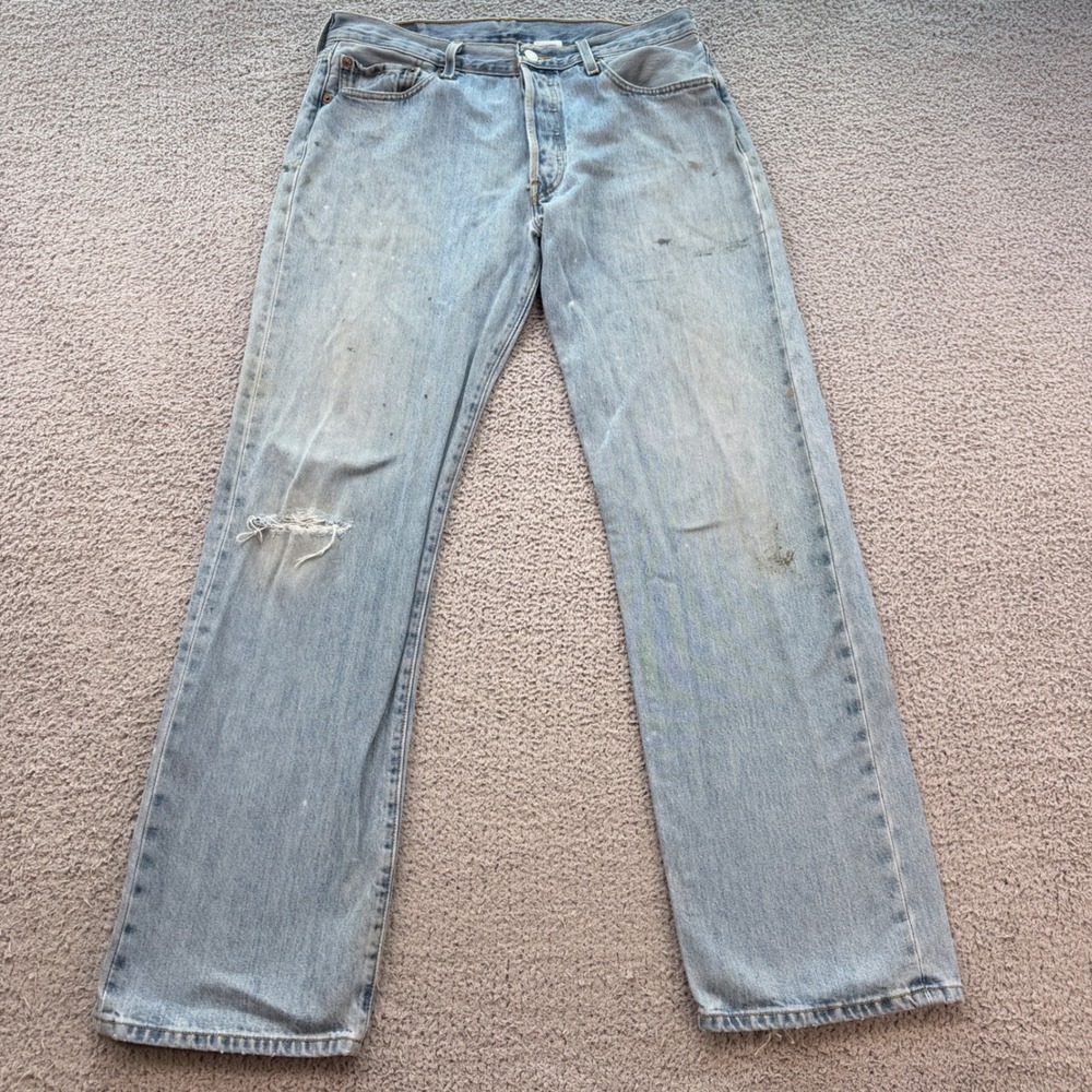 Vintage Levis 501 Mens Light Wash Distressed Straight Leg Jeans 34X32 Faded